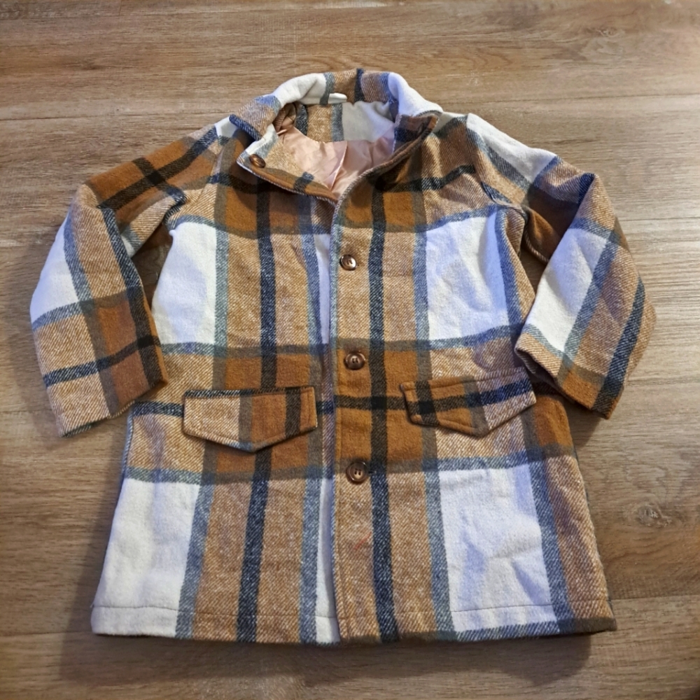 SHEIN Kid's Plaid Tan Brown White Black Jacket / Coat Size 6Y